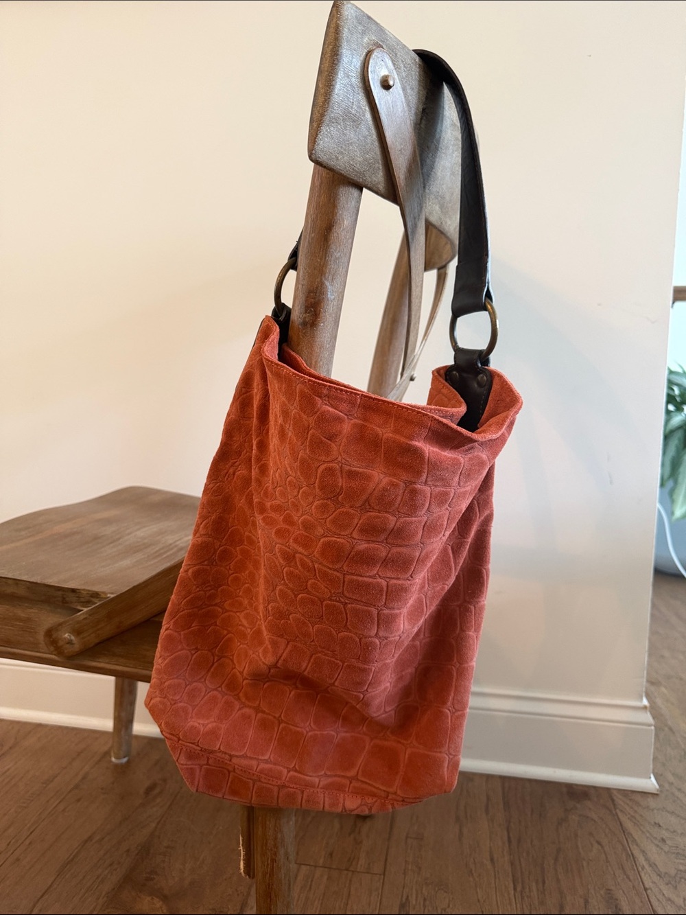 Maurizio Taiuti Rust Burnt Orange Crocodile Embossed Suede Bucket Bag